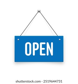 Realistic open hanging signboard. Vintage door sign for cafe, restaurant, bar or retail store. Announcement banner, information signage for business or service. Vector illustration