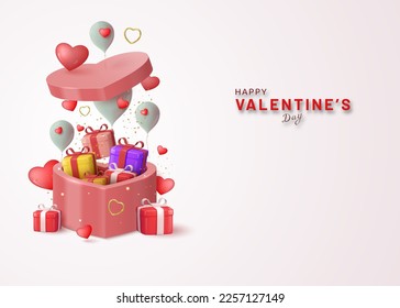 Realistic open heart shaped gift box with gifts hearts and balloons. Congratulations on Valentine's Day. Vector 3d illustration.