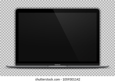 Realistic Open Laptop with Blank Screen Isolated on Transparent Background. Space Grey Notebook 12 inch. Can Use for Presentation. Device Mock Up. Separate Groups and Layers. Easily Editable Vector