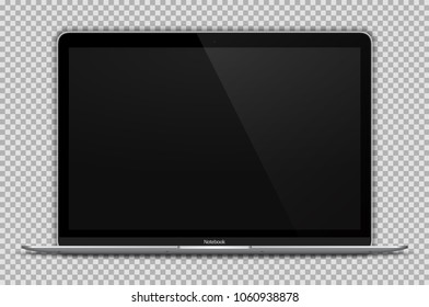 Realistic Open Laptop with Blank Screen Isolated on Transparent Background. White Notebook 12 inch. Can Use for Presentation. Device Mock Up. Separate Groups and Layers. Easily Editable Vector