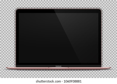 Realistic Open Laptop with Blank Screen Isolated on Transparent Background. RoseGold Notebook 12 inch. Can Use for Project. Device Mock Up. Separate Groups and Layers. Easily Editable Vector