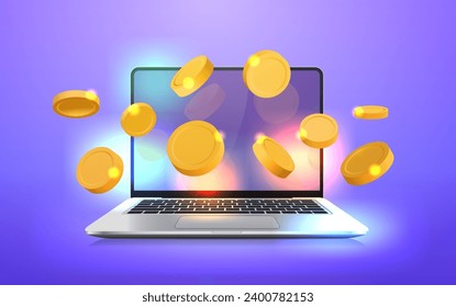 Realistic open laptop with golden coins on purple background. Online payment or banking concept