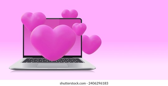 Realistic open laptop with hearts on pink background. Vector illustration with copy space