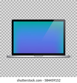 Realistic Open Laptop (Notebook) with Blue Screen Isolated on Background. Can Use for Template, Project, Presentation or Banner. Electronic Gadgets, Device Set Mock Up. Vector Illustration.