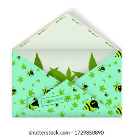 sobre de correo abierto realista con hojas de cáñamo dentro. Patrón de hojas y abejas. Sorpresa inesperada y agradable. Un regalo gracioso. Vector aislado sobre fondo blanco