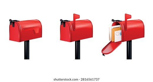 Realistic open mailbox. 3d red mail box with letter, closed empty postbox isolated letterbox envelope post delivery postal office service mailman concept exact vector illustration