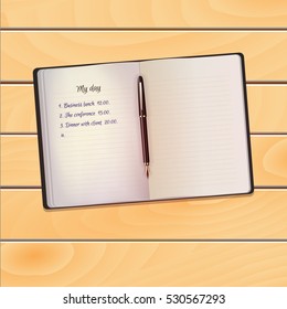 Realistic open notebook (notepad) with black pen on wooden background. Template for advertising, branding, corporate identity. Vector illustration.