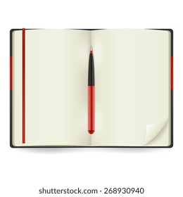Realistic open notepad with red pen isolated on white background vector illustration