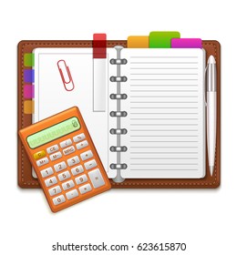 Realistic Open Organizer Notebook, Pen, Color Stickers and Calculator. Concept Business Project Vector illustration