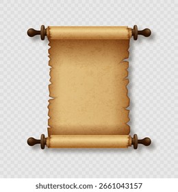 Realistic open parchment scroll, old paper roll isolated on light background. Ancient manuscript, treasure map or document sheet. Vector 3d illustration.