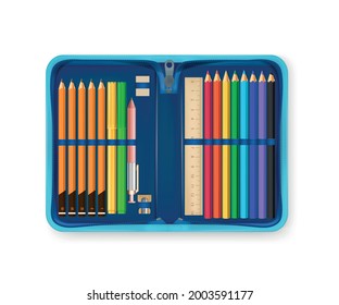 Realistic open pencil case in blue color with various school accessories for writing and drawing vector illustration