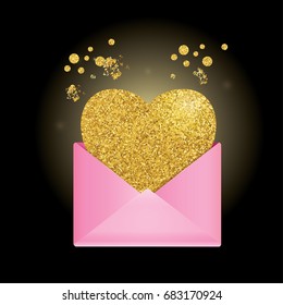 Realistic Open pink envelope on a black background. Golden heart. For postcards
