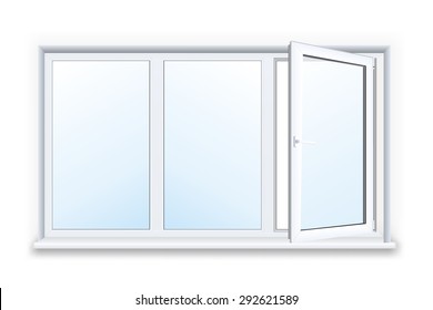 Realistic open plastic window on white background.