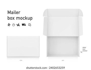 Realistic open post box mockup. Vector illustration isolated on white background. Flat lay view. Ready for your design, promotion, self branding. EPS10.