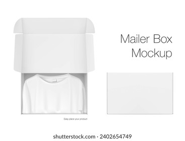 Realistic open post box mockup with t-shirt. Vector illustration isolated on grey background. Flat lay view. Ready for your design, promotion, self branding. EPS10.