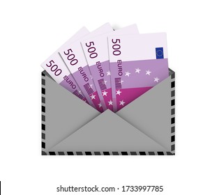 realistic open postal envelope with Euro banknotes inside. Concept on the theme of bribes, salaries in envelopes, illegal circulation of money. Isolated vector on white background