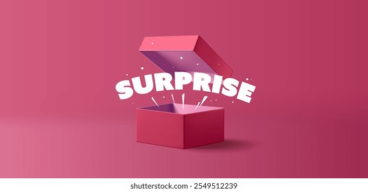 Realistic open red box with lid, 3D. For surprise, giveaway, gift, and discount concepts. Vector illustration.