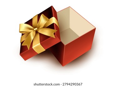 Realistic open red gift box featuring a luxurious golden ribbon and decorative bow. Elegant present package illustration symbolizing surprises, celebrations, holidays, special occasions, rewards, and gift giving. Perfect for Christmas promotions, birthdays, anniversaries, Valentine's Day, festive advertising, greeting cards, e-commerce campaigns, and seasonal marketing materials. Isolated on a light background for versatile commercial and creative use.