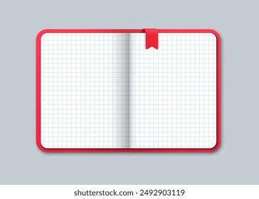 Realistic open red notebook isolated on grey background. Top view moleskin. Notebook with squared sheets and elastic band bookmark. Vector illustration.