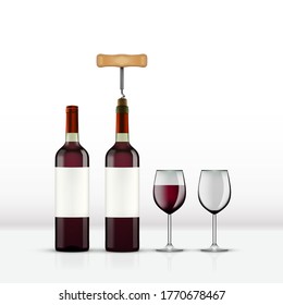 Realistic Open Red Wine Bottle With Wine Glass Isolated On White. EPS10 Vector