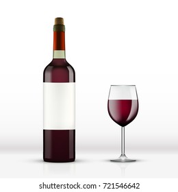 Realistic Open Red Wine Bottle With Wine Glass Isolated On White. EPS10 Vector