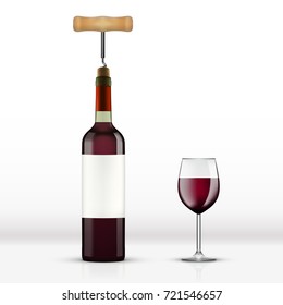 Realistic Open Red Wine Bottle With Wine Glass Isolated On White. EPS10 Vector