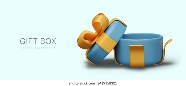 Realistic open round gift box. Empty festive packaging. Vector template for web design