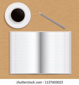 Realistic open school notebook with lined paper, pencil and a cup of coffee on a wooden table top - vector