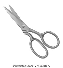 Tijeras de plata abiertas realistas aisladas sobre fondo blanco. Herramienta de corte de metal para sastrería, barbero o uso de oficina.