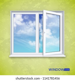 Realistic open square window on the background of wallpaper and sky