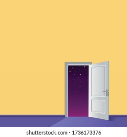 Realistic open white 3d door to outer space with stars on a yellow wall background with place for text and logo. The concept of a portal to another world. Template welcome to freedom. Vector