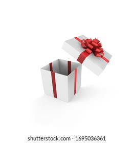 Caja de regalo blanca abierta con arco rojo satinado.  aislado de fondo blanco. Ilustración del vector