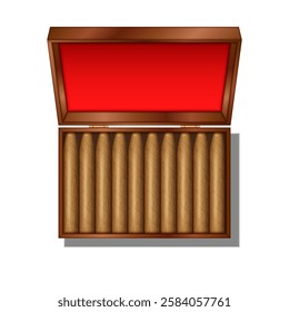 Realistic open wooden cigar box top view isolated on white background with a vibrant red interior containing ten finely crafted cigars, premium tobacco craftsmanship.