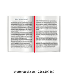 Realistic opened book with red ribbon isolated on white background