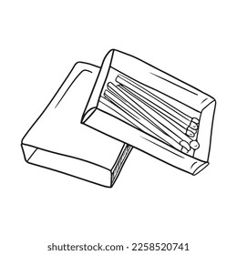 Caja de cartón abierta realista con cerillas en negro aisladas en fondo blanco. Ilustración de esbozo de vector dibujado a mano en el estilo de dibujo de línea vintage de contorno de doodle grabado. Fuego, acampada, luz