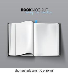 Realistic opened empty book mockup with blank white pages, page with curve and tab in hard cover. Vector illustration