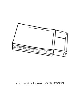 Realistic opened empty cardboard box with matches in black isolated on white background. Hand drawn vector sketch illustration in engraving doodle outline vintage line art style. Fire, camping, light