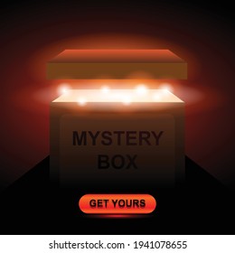 realistic opened glowing mystery box in black background vector illustration  