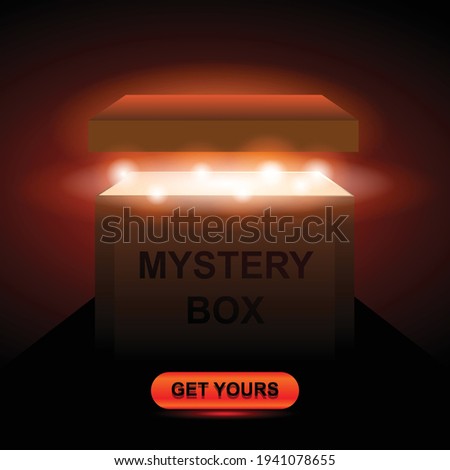 realistic opened glowing mystery box in black background vector illustration  