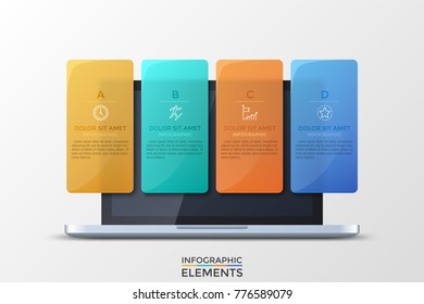 Realistic opened laptop and 4 colorful translucent rectangular elements with letters, thin line pictograms and text boxes inside. Concept of four features of provided service. Vector illustration.