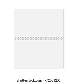 Realistic opened notebook. Blank copybook with metallic silver spiral. Template of organizer or diary isolated.