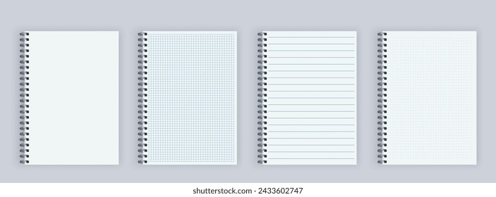 Realistic opened notebook mockups. Lined, checkered and dots paper binder page for memo pads . School notepad notebook. vector illustration.