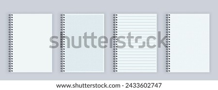Realistic opened notebook mockups. Lined, checkered and dots paper binder page for memo pads . School notepad notebook. vector illustration.