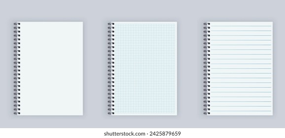 Realistic opened notebook mockups. set of blank spiral notepad notebook with lines and cell. School notepad notebook. vector illustration.