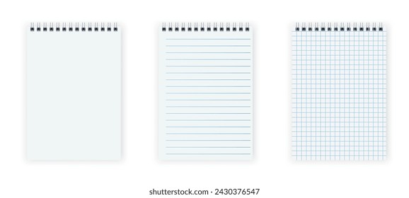 Realistic opened notebook mockups. set of blank spiral notepad notebook with lines and cell. School notepad notebook. vector illustration.