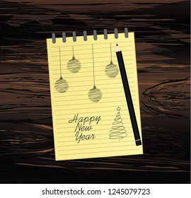 Realistic opened notebook template with christmas tree and ball and pencil. Vector on wooden background. Diary for business. Greeting card on holiday. A realistic notepad. Office stationery. For notes