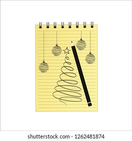 Realistic opened notebook template with christmas tree and ball and pencil. Vector on white background. Diary for business. Greeting card on holiday. A realistic notepad. Office stationery. For notes