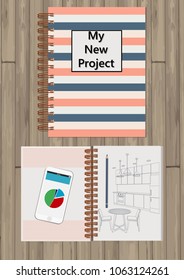 Realistic opened notebook. Template mock up of organizer or diary isolated. Horizontal lined notebook. Illustration of notebook with painted kitchen, pencil, telephone.