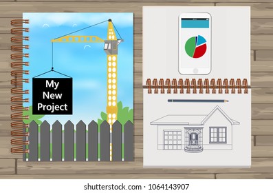 Realistic opened notebook. Template mock up of organizer or diary isolated. Horizontal lined notebook. Illustration of a notebook with a painted tower crane, a house, a telephone