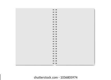 Realistic opened notebook template. Vector notepad mock up. Blanc vertical notebook with metallic spiral. Realistic open copybook clean page with shadow on spiral binder. EPS10